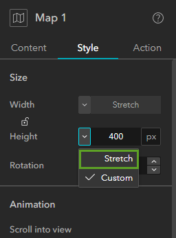 Style tab of the Map widget settings with Stretch identified as the option to choose for the Height setting