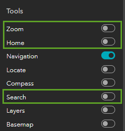 Tools section of the Map widget settings with tools turned off