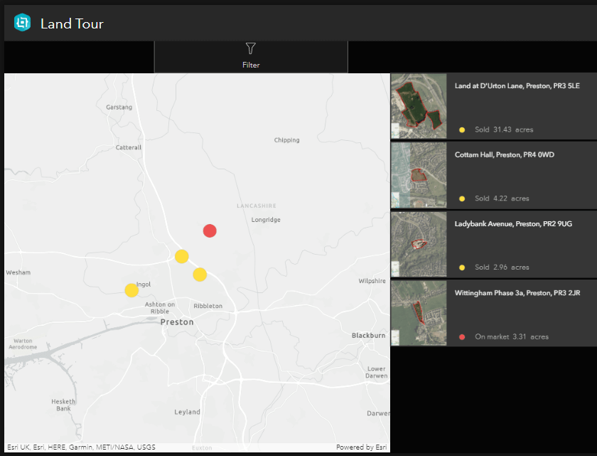 Live view test result showing the map zoomed to a few features and the list filtered to match