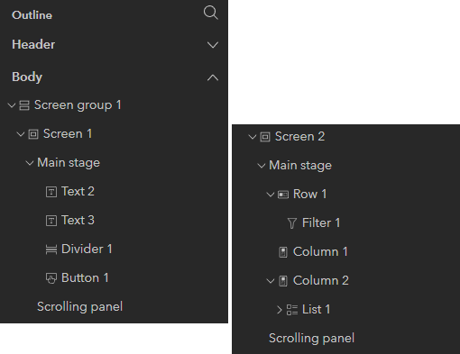 Outline view showing expanded screens and the widgets they contain