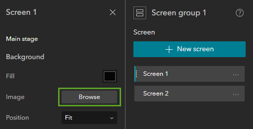Main stage style properties with Browse button highlighted to use an image for the background fill
