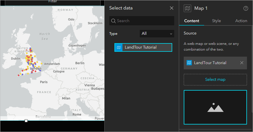 Map widget populated in the canvas with the selected web map as the data source