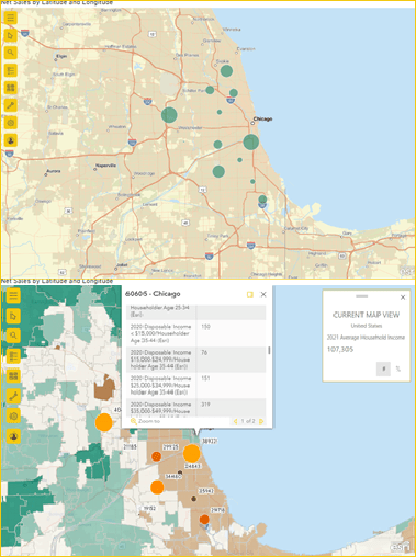 A comparison of a map with no demographic reference layer (top) and with a demographic layer (bottom)