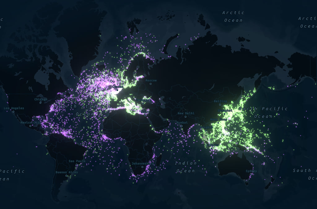 A map depicting every ship sunk during World War II, with purple dots representing Allied ships and green dots representing Axis ships