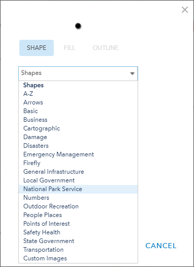 Change Style drop-down displaying all of the symbol sets available in ArcGIS Online.