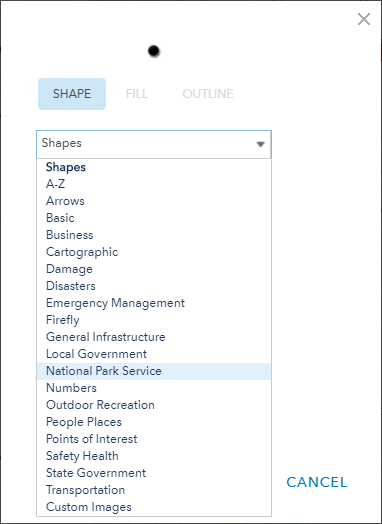 Change Style drop-down displaying all of the symbol sets available in ArcGIS Online. Change Style drop-down displaying all of the symbol sets available in ArcGIS Online.