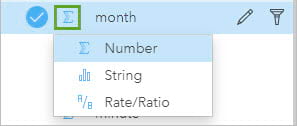 Highlights the icon next to the month field and the options for converting that field to other field types including Number, Dtring, and Rate/Ratio