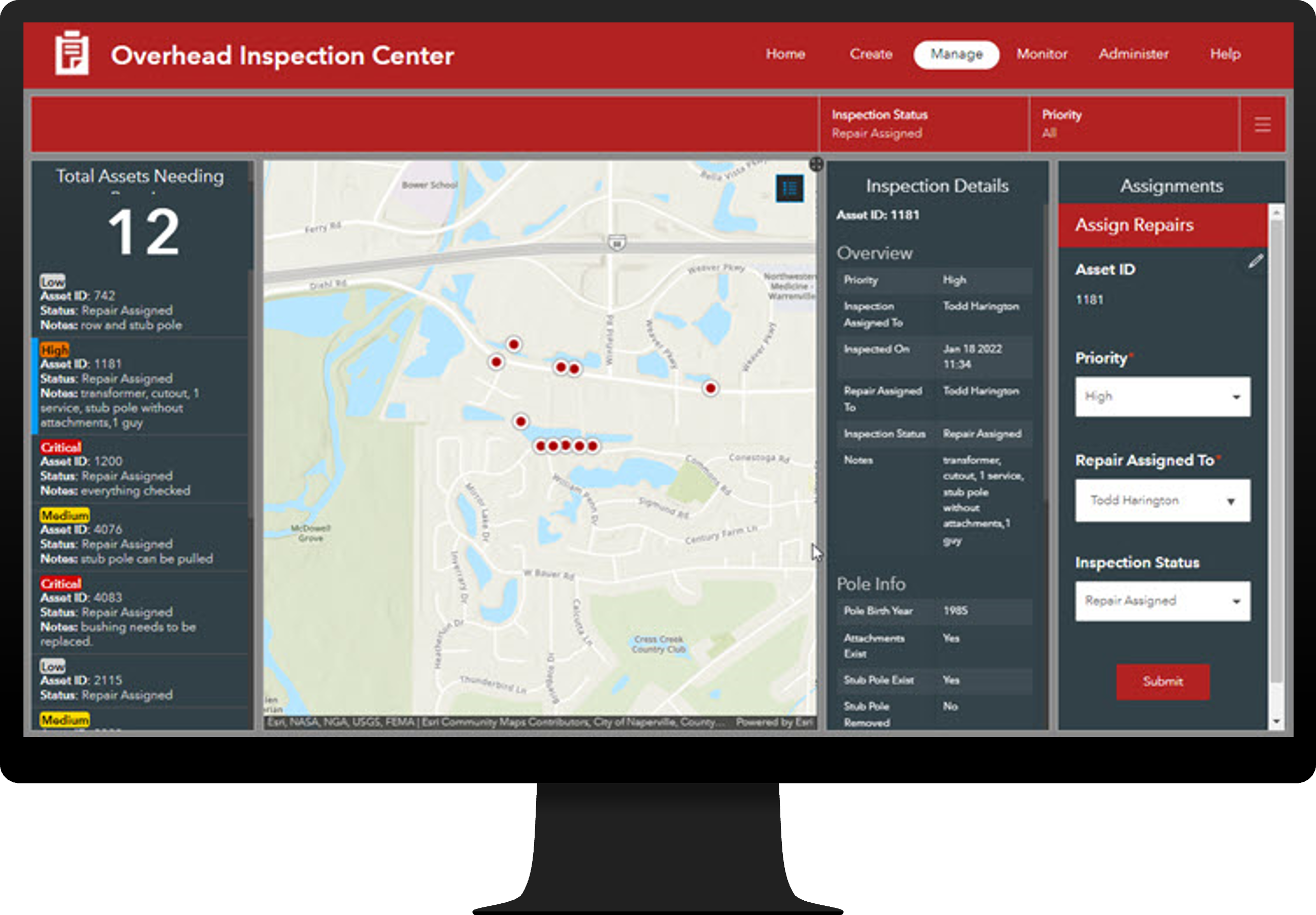 An ArcGIS Experience Builder app used to monitor inspected asset conditions.