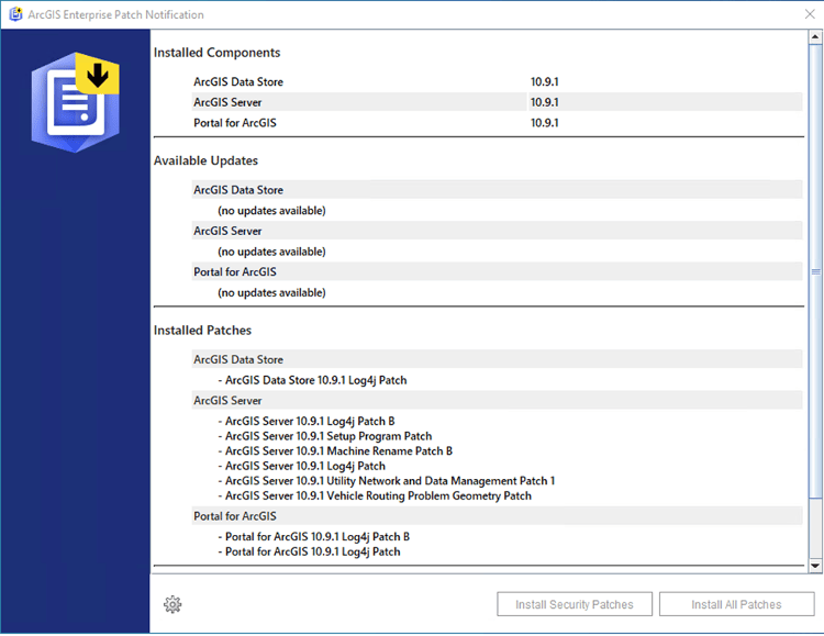 Image of the ArcGIS Enterprise Patch Notification utility.