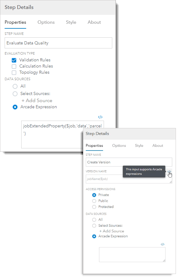 Use ArcGIS Arcade in the Create Version and Evaluate data Quality steps to select from configured data sources in a list