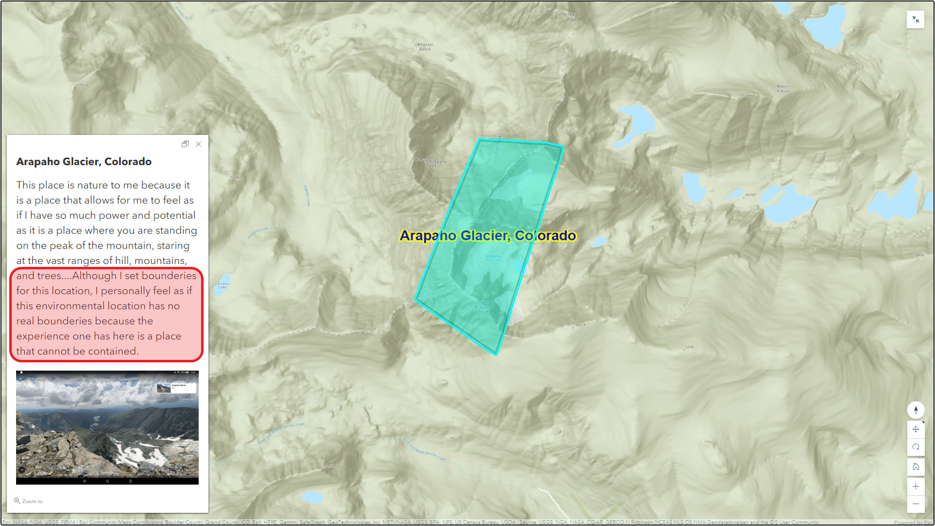 This example is from a study exploring where and how youth experience nature in their lives. In the text highlighted in red, this study participant described how their experience of "Arapaho Glacier, Colorado" did not exactly fit on the map.