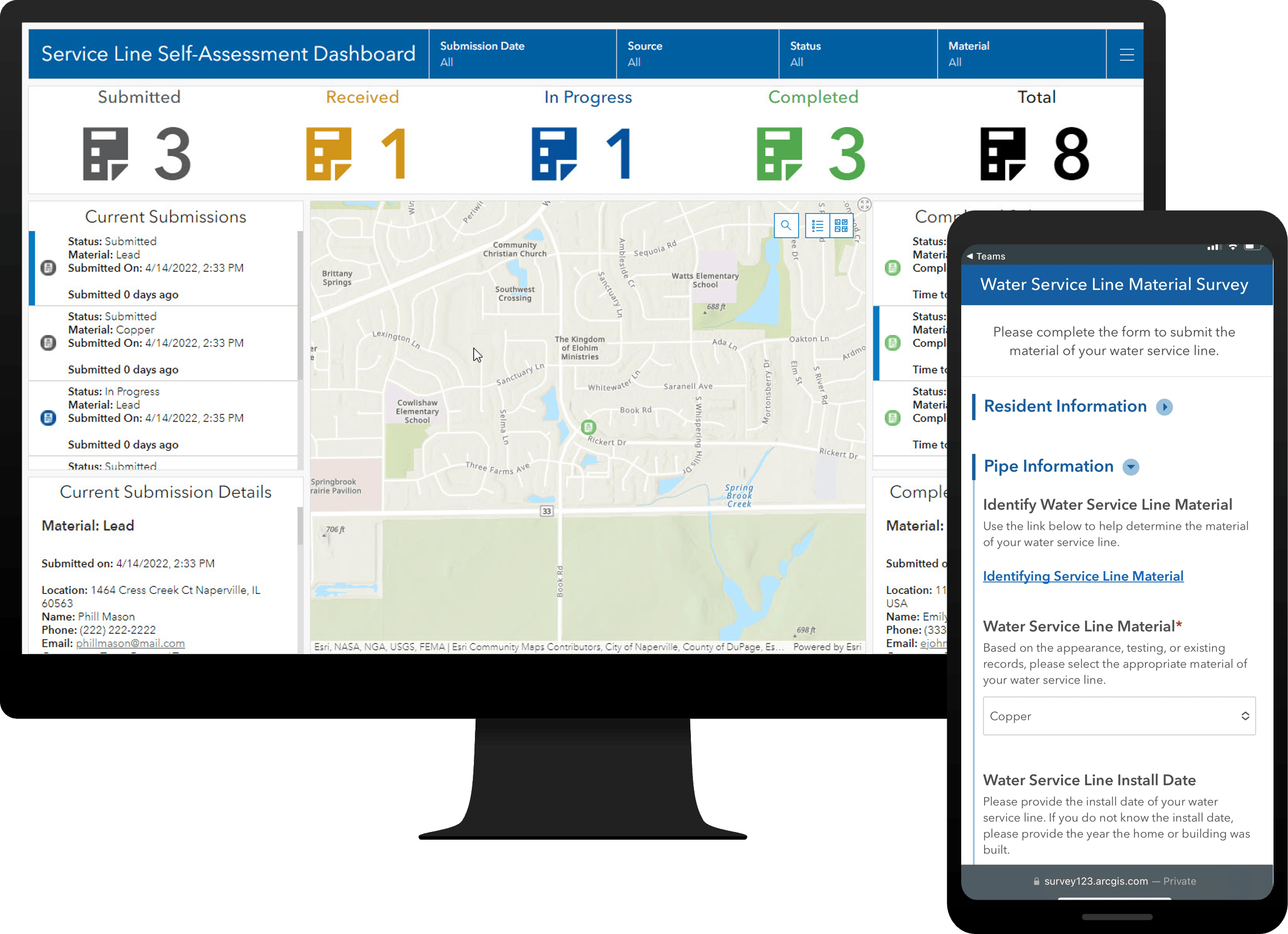 An ArcGIS Dashboards app used to monitor lead service line reports from the public.
