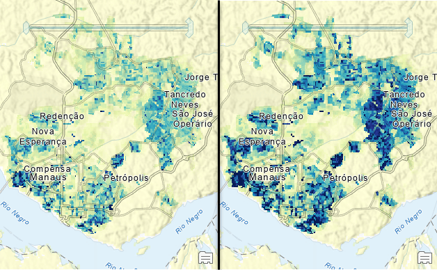 Manaus, Brazil - Population Density Comparison of 2000 and 2020 with WorldPop 100m Unconstrained Gridded Population Manaus, Brazil - Population Density Comparison of 2000 and 2020 with WorldPop 100m Unconstrained Gridded Population