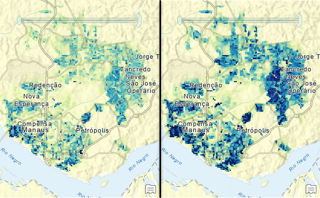 Manaus, Brazil - Population Density Comparison of 2000 and 2020 with WorldPop 100m Unconstrained Gridded Population