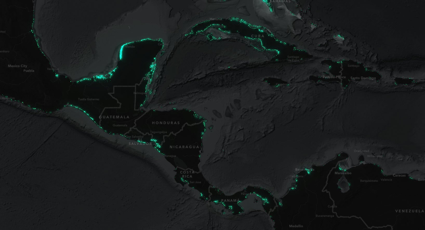 Map showing mangroves in Central America and the Caribbean Sea.