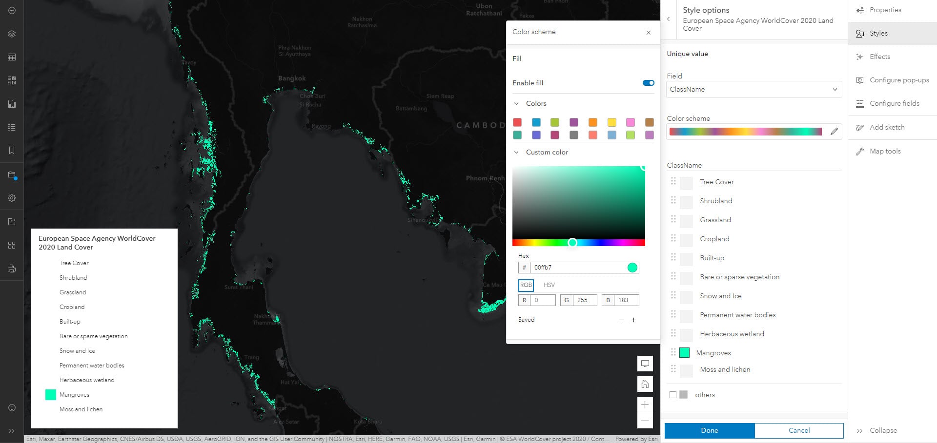 Where to change the color on the land cover layer in ArcGIS Online.