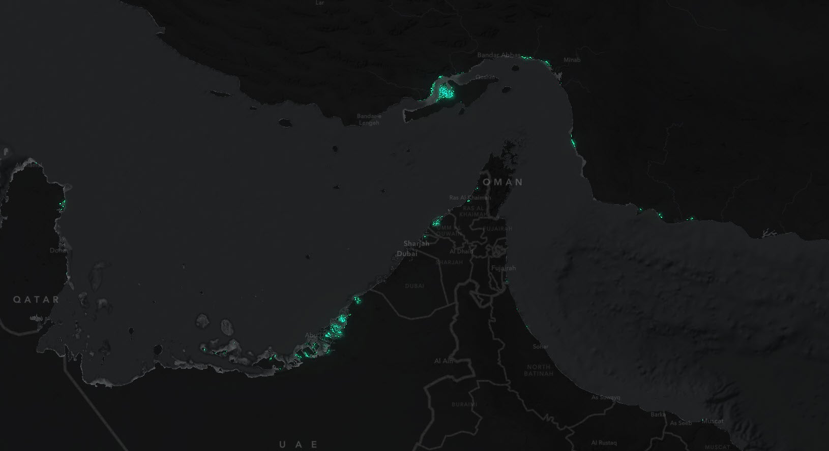 Map showing mangroves in the Persian Gulf and Strait of Hormuz. Map showing mangroves in the Persian Gulf and Strait of Hormuz.