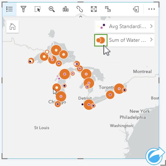 Map with avg standardized residualk and indicator of where to click to hide the pre-existing Sum of WaterTemp layer