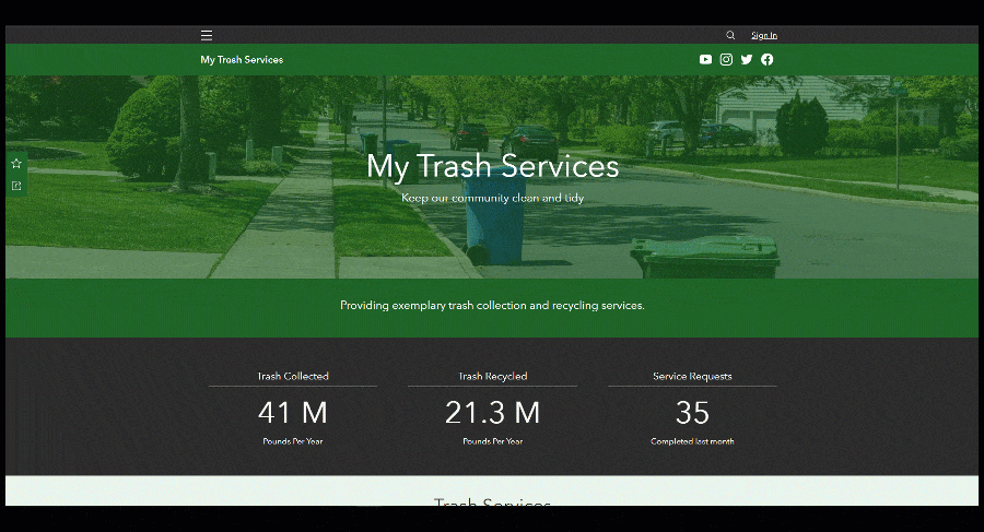 An ArcGIS Hub site used to learn about and request trash services.