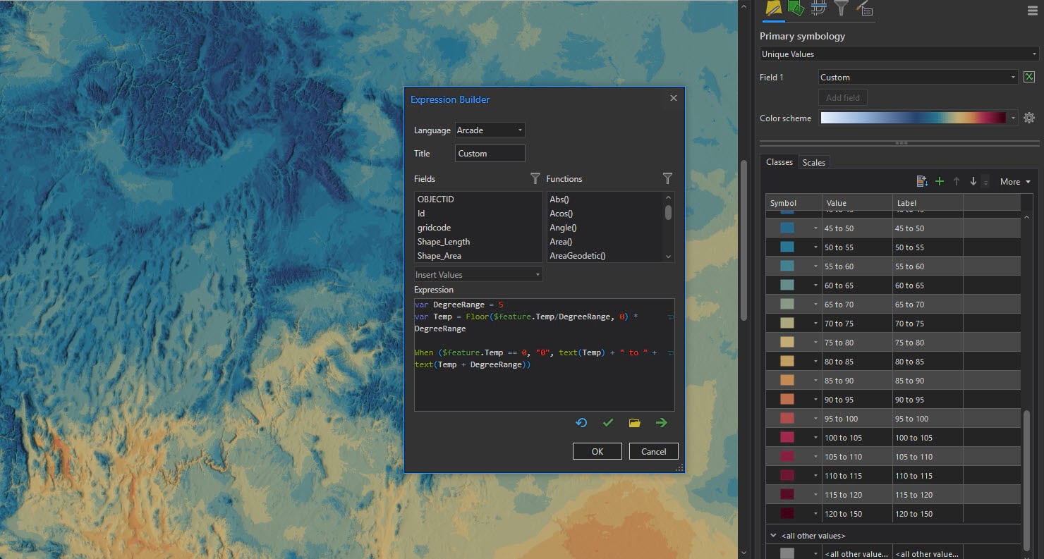 Arcade expression in ArcGIS Pro for creating five degree breaks of temperature values. Arcade expression in ArcGIS Pro for creating five degree breaks of temperature values.