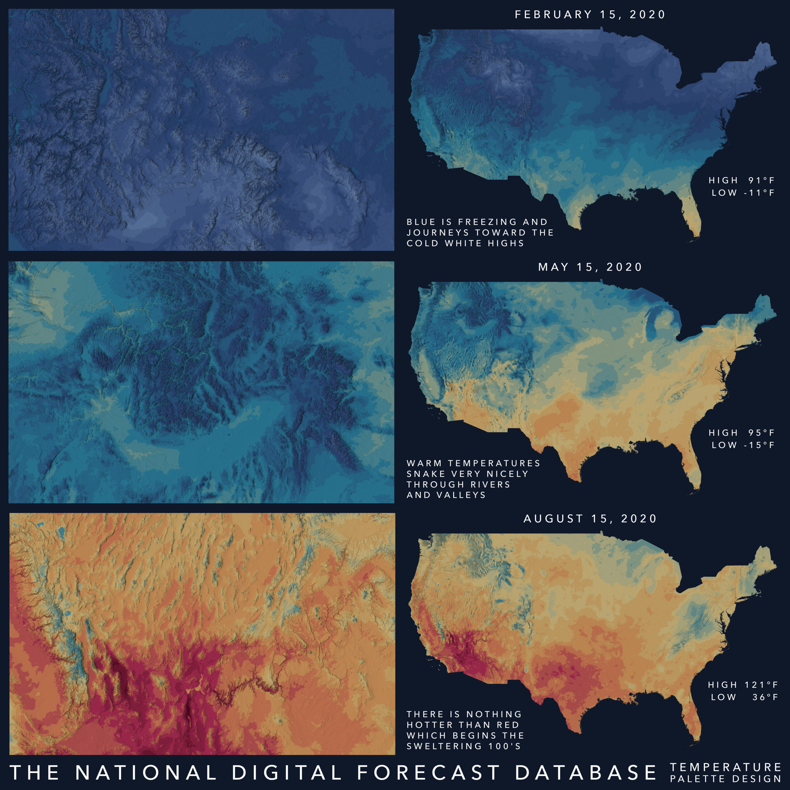 Final map showing a sample February, May, and August 2020 and the palette range. Final map showing a sample February, May, and August 2020 and the palette range.