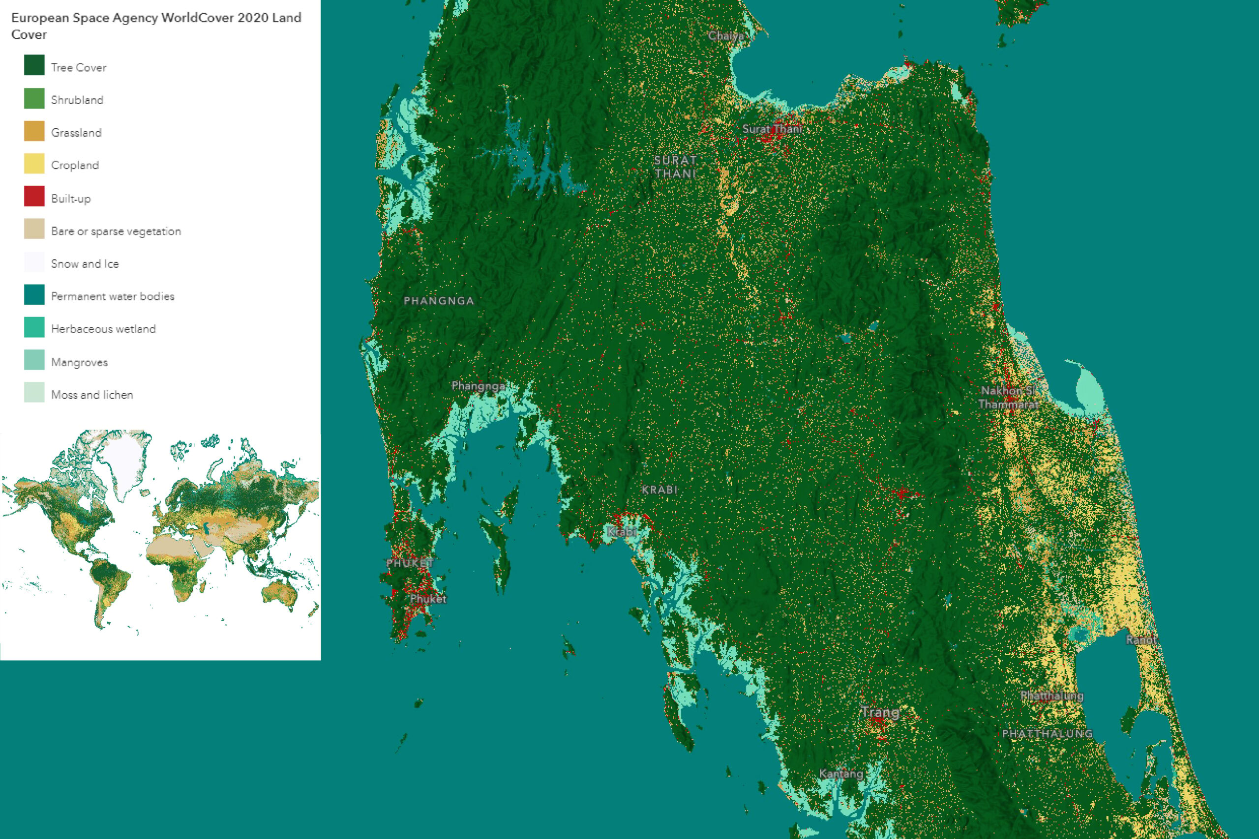 ESA landcover map showing Phuket, Krabi, and Surat Thani. ESA landcover map showing Phuket, Krabi, and Surat Thani.