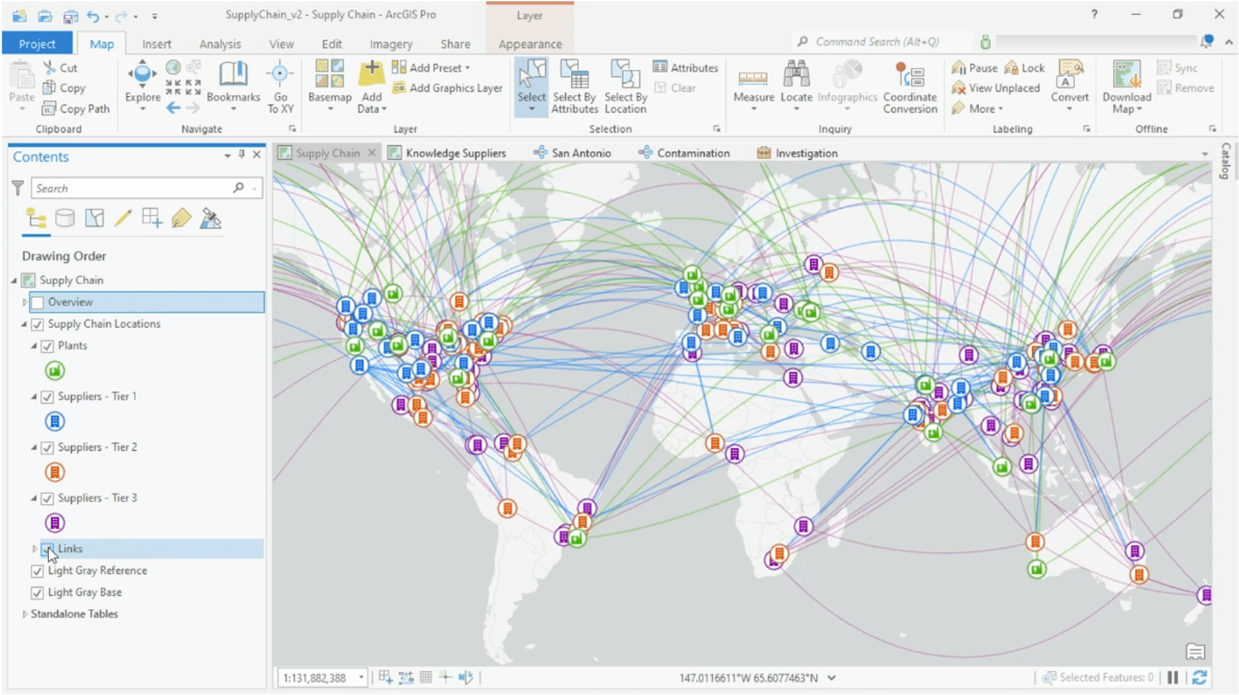 Image of supply chain locations with the origin destination links.