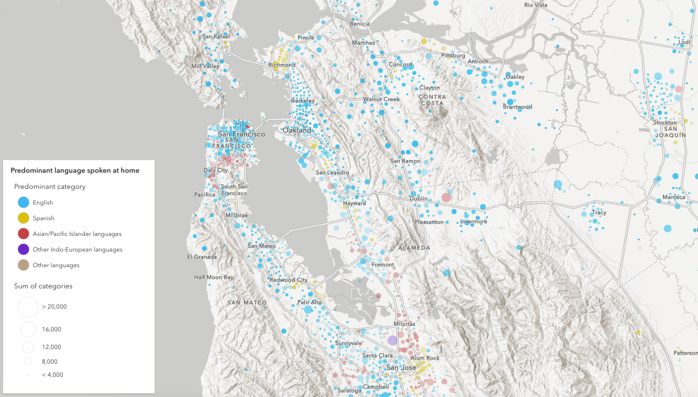 Predominant language groups spoken in the home in San Francisco and surrounding cities.