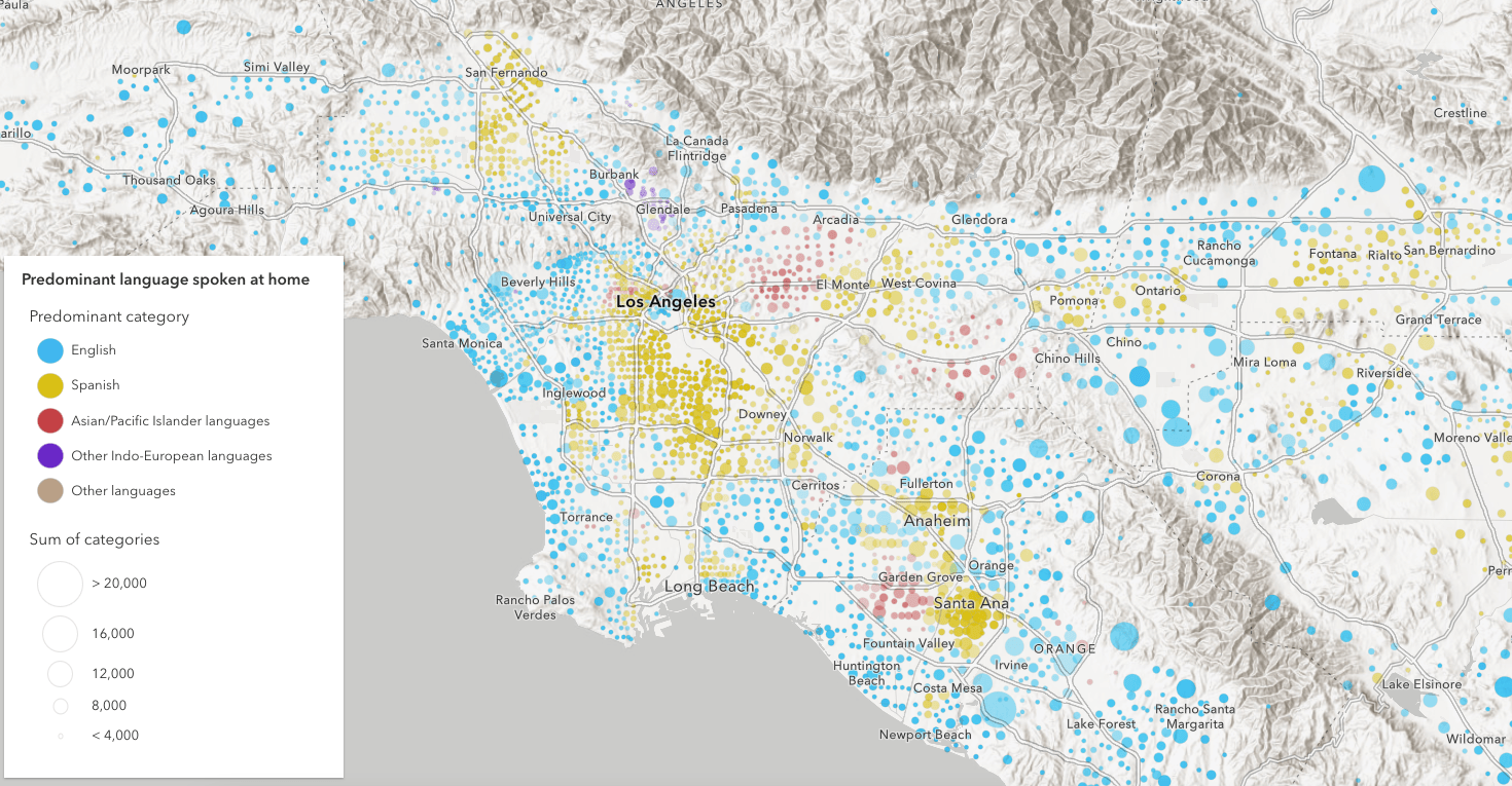 Predominant language spoken in the home in southern California. I learned the purple areas (predominantly Indo-European languages spoken in the home) in Glendale coincide with high Armenian populations in the area.