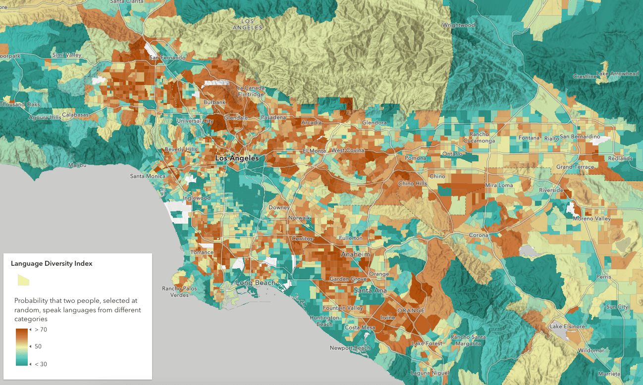 Language diversity in southern California. Higher numbers indicate a higher probability that two people selected at random in the area will speak languages from different categories.