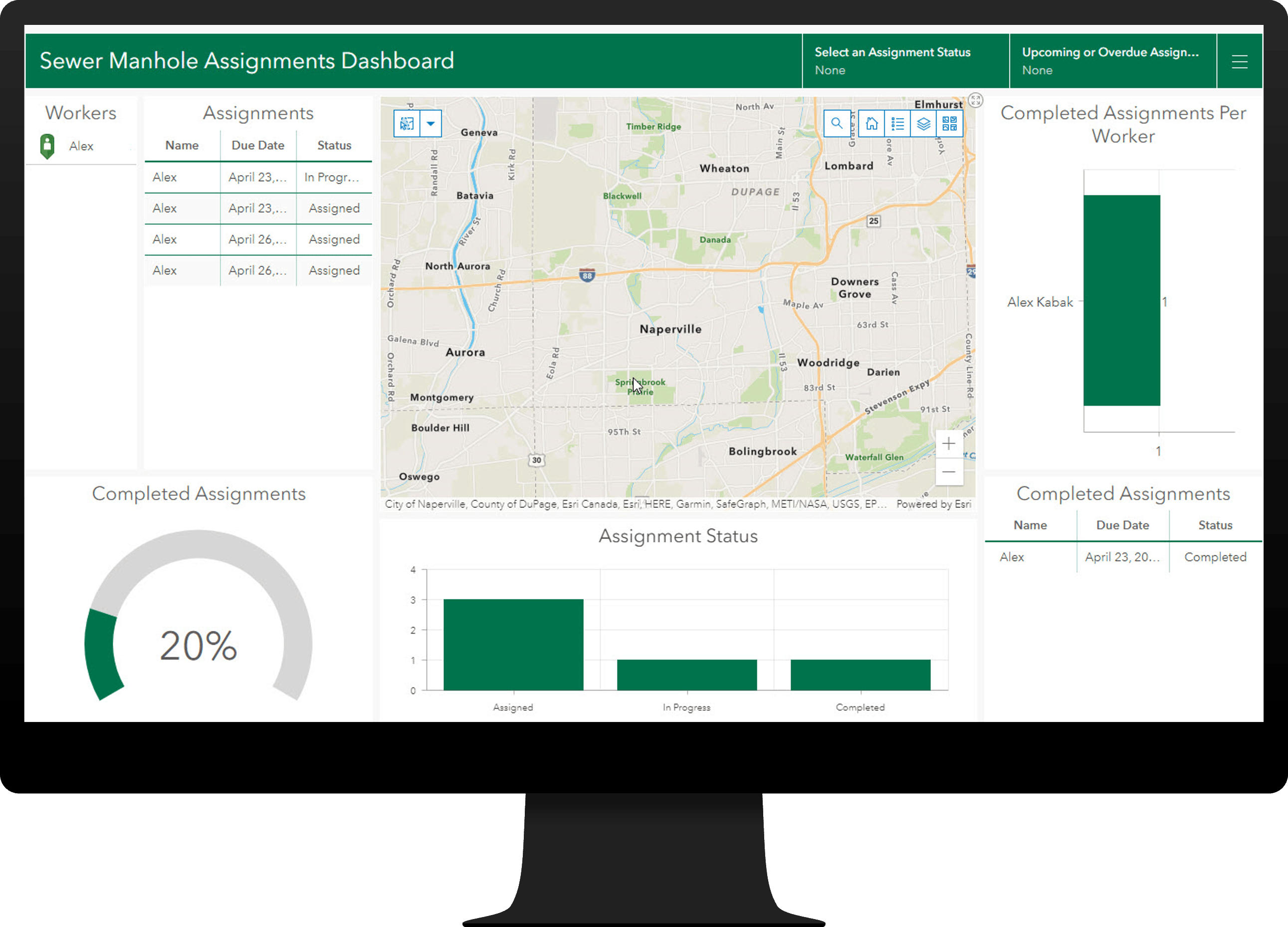 An ArcGIS Dashboards app used to monitor manhole inspection assignments.