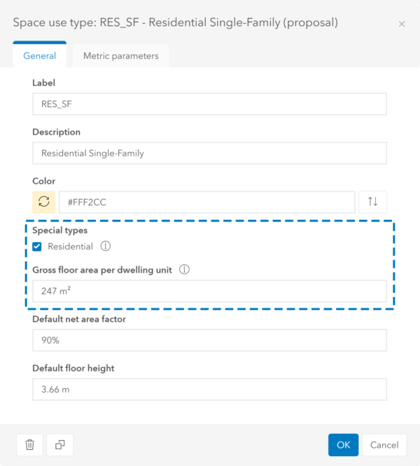 Example of a space use type dialog of a residential space use type.