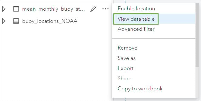 Dataset options menu highlighting the View data table option