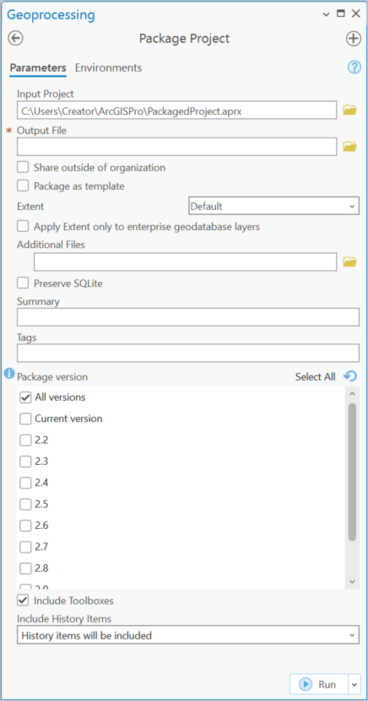 Package Project geoprocessing tool