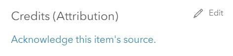 When editing the Item Page, a blank Credits (Attribution) section has blue text that reads "Acknowledge this item's source."