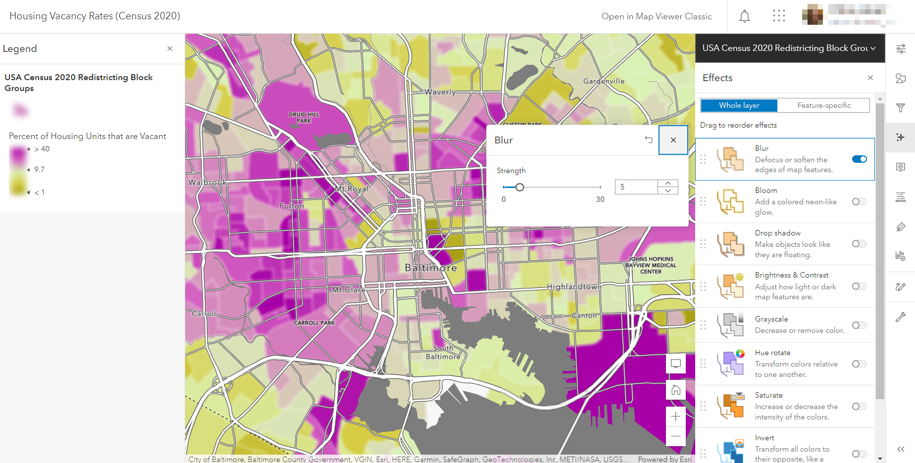 Working in Map Viewer with Blur effect toggled on in the Effects tools, and strength slider set to 5. Block groups look fuzzy. Working in Map Viewer with Blur effect toggled on in the Effects tools, and strength slider set to 5. Block groups look fuzzy.