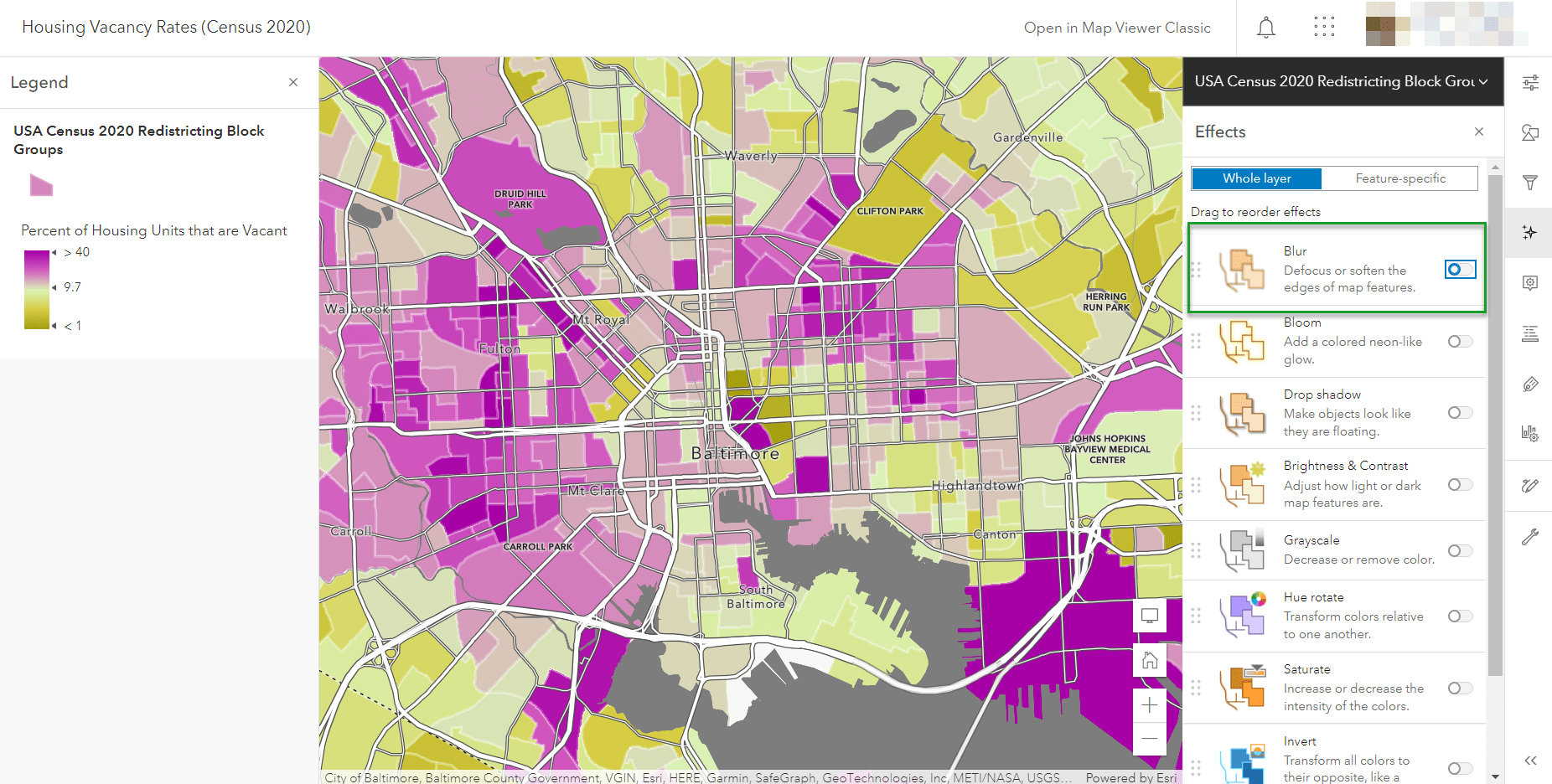 Working in Map Viewer with Blur effect toggled off in the Effects tools. Block groups look sharp. Working in Map Viewer with Blur effect toggled off in the Effects tools. Block groups look sharp.