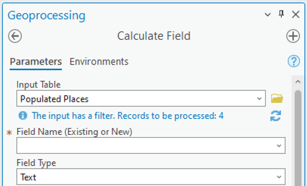 Geoprocessing tools show an info tip with how many records will be processed, based on whether the layer has a definition query, time filter, range filter or selection set. Geoprocessing tools show an info tip with how many records will be processed, based on whether the layer has a definition query, time filter, range filter or selection set.
