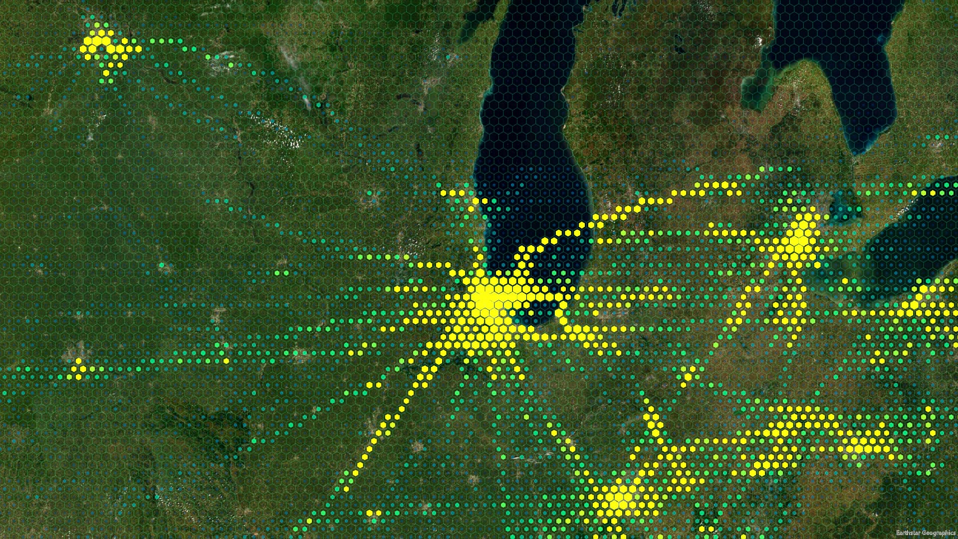 flights aggregated into hexagonal bins and given a size and color based on count