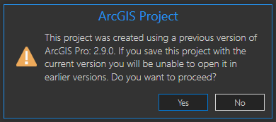 Warning when saving a project from a pre-3.0 release for the first time in ArcGIS Pro 3.0