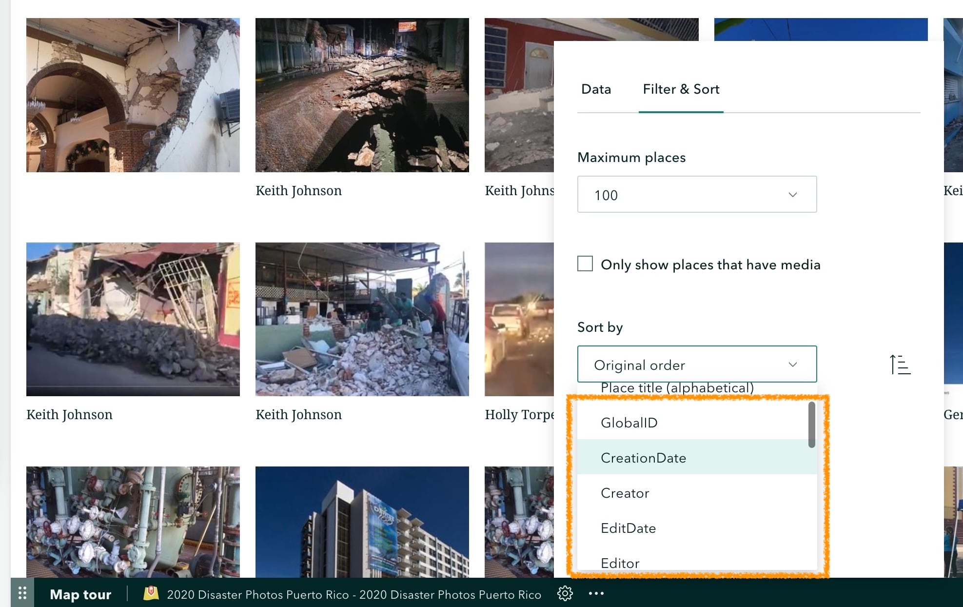 Map tour configuration options for sorting places include all feature layer fields.