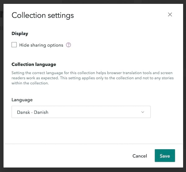 Collections settings panel Collections settings panel