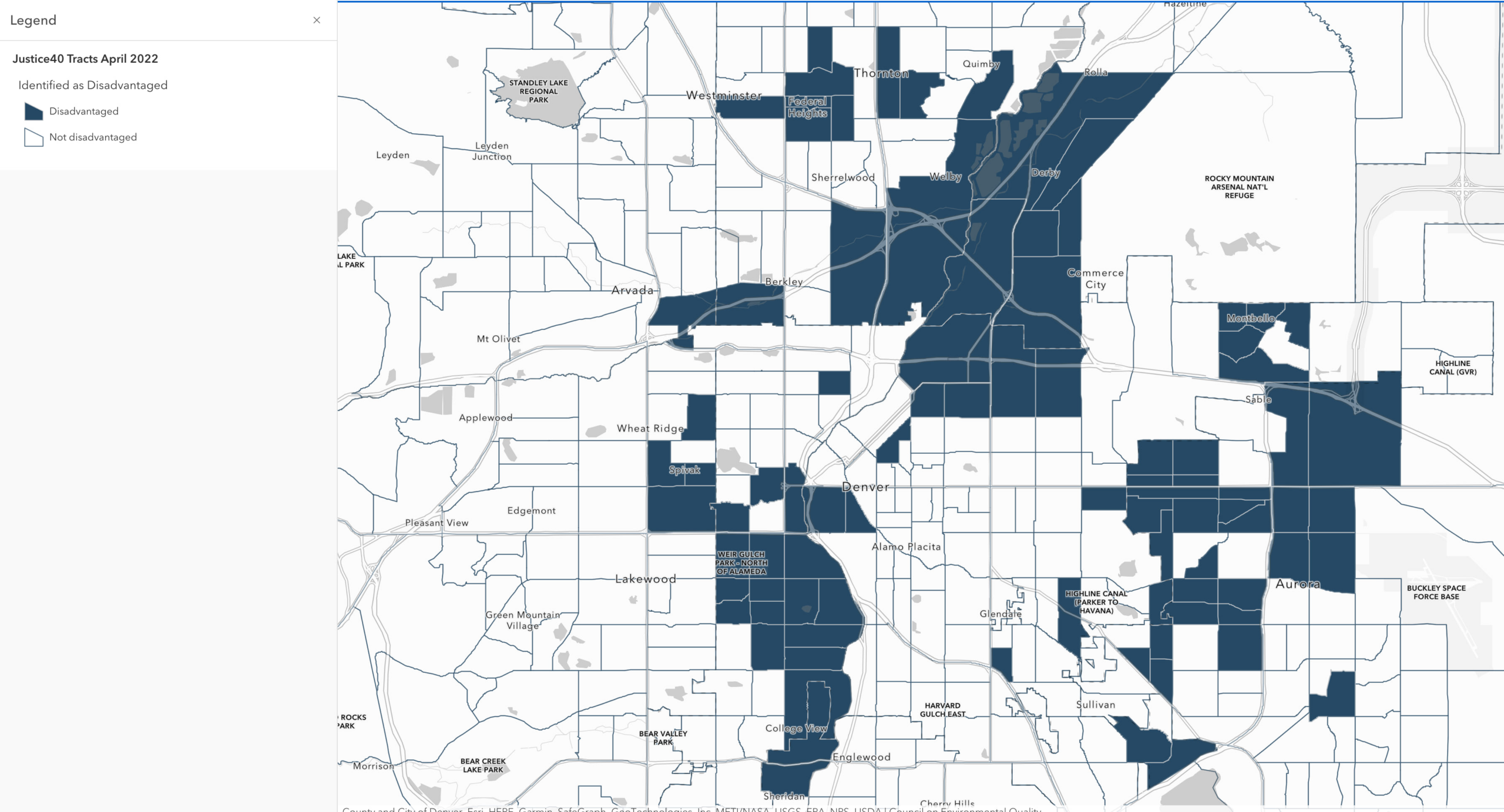 Justice40 tracts in Denver, CO. Here the disadvantaged tracts are full blue, and basemap is Human Geography, a neutral gray that does not compete with the colors used in the symbology. Justice40 tracts in Denver, CO. Here the disadvantaged tracts are full blue, and basemap is Human Geography, a neutral gray that does not compete with the colors used in the symbology.