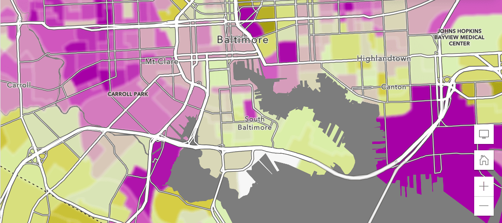 A map with fuzzy filled-polygons for block groups, but sharp streets and labels. A map with fuzzy filled-polygons for block groups, but sharp streets and labels.