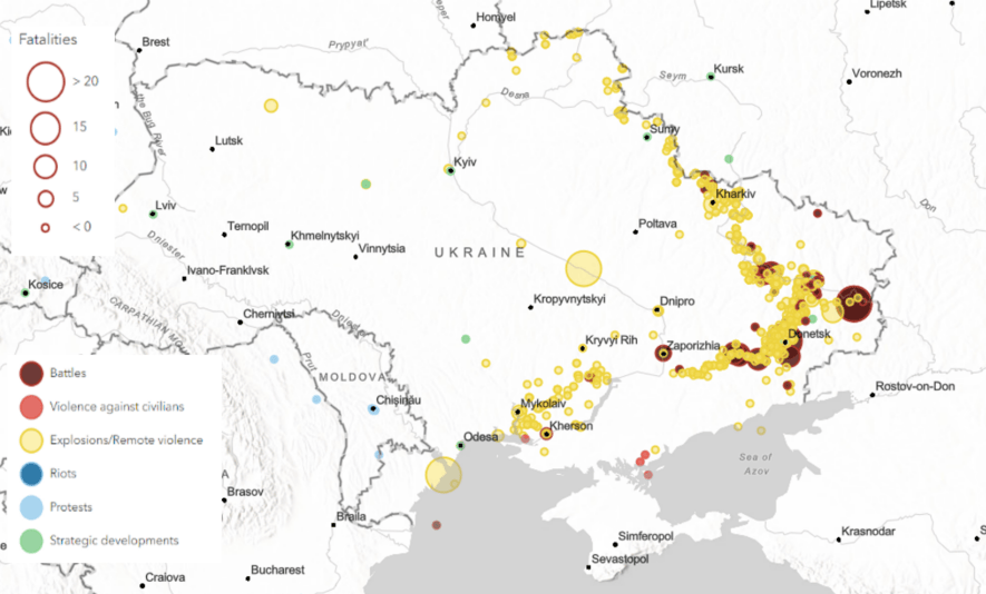 The Living Atlas Armed Conflict layer shows heavy fighting and bombardment in Eastern Ukraine as of July 8, 2022. The Living Atlas Armed Conflict layer shows heavy fighting and bombardment in Eastern Ukraine as of July 8, 2022.