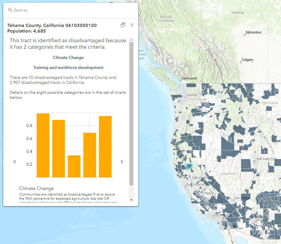 Pop-up reads "This tract is identified as disadvantaged because it has 2 categories that meet the criteria. Climate Change, Training and Workforce Development. There are 10 disadvantaged tracts in Tehama County and 2,907 disadvantaged tracts in California." Next there is a chart with details on all 8 categories. Pop-up reads "This tract is identified as disadvantaged because it has 2 categories that meet the criteria. Climate Change, Training and Workforce Development. There are 10 disadvantaged tracts in Tehama County and 2,907 disadvantaged tracts in California." Next there is a chart with details on all 8 categories.