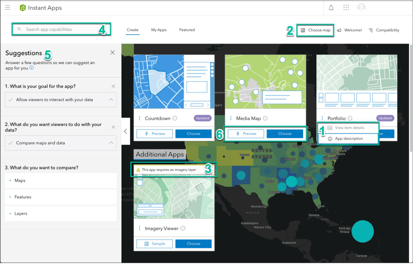 Numbered image of the ArcGIS Instant Apps home page