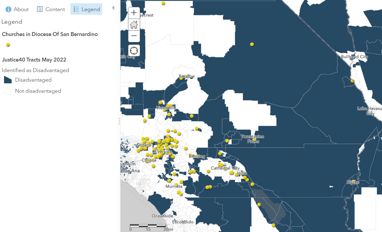 Yellow points depicting churches on top of dark blue and white polygons, dark blue depicts tracts that are designated as disadvantaged. Yellow points depicting churches on top of dark blue and white polygons, dark blue depicts tracts that are designated as disadvantaged.