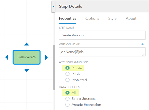 Access permissions configured in the Step Details panel for the Create Version step Access permissions configured in the Step Details panel for the Create Version step