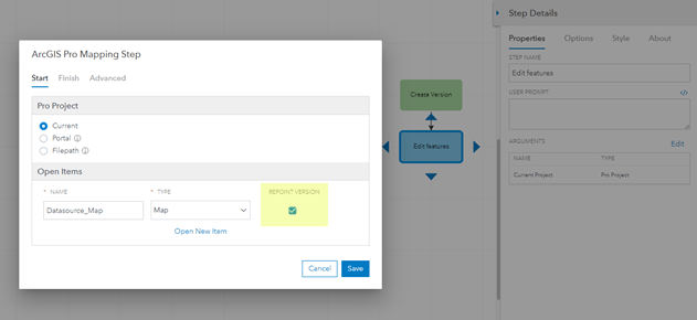 Enabling the Repoint Version option in the ArcGIS Pro Mapping Step dialog Enabling the Repoint Version option in the ArcGIS Pro Mapping Step dialog